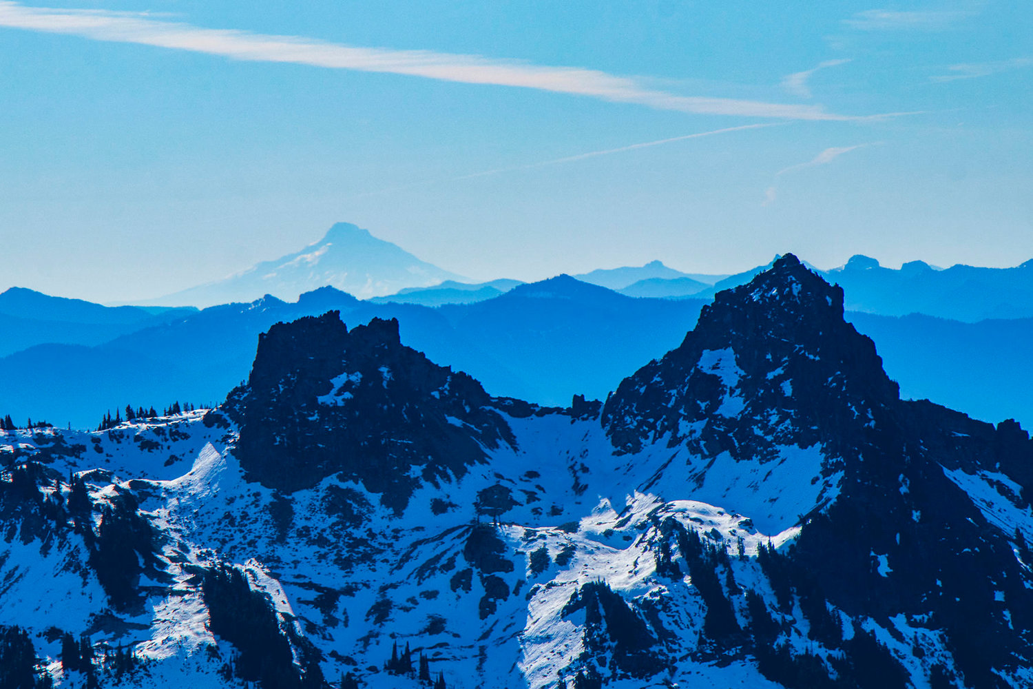 Mount Hood is seen from Panorama Point at Mount Rainier National Park in 2019.